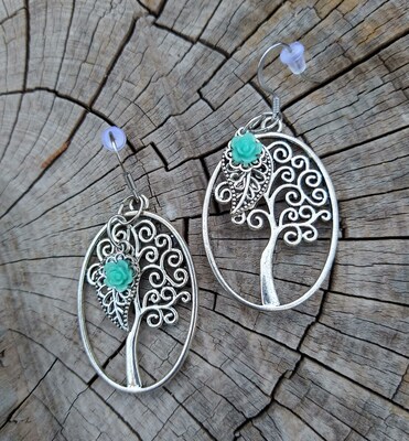 Tree of Life Dangle Earrings with Leaf and Flower Charm - image1